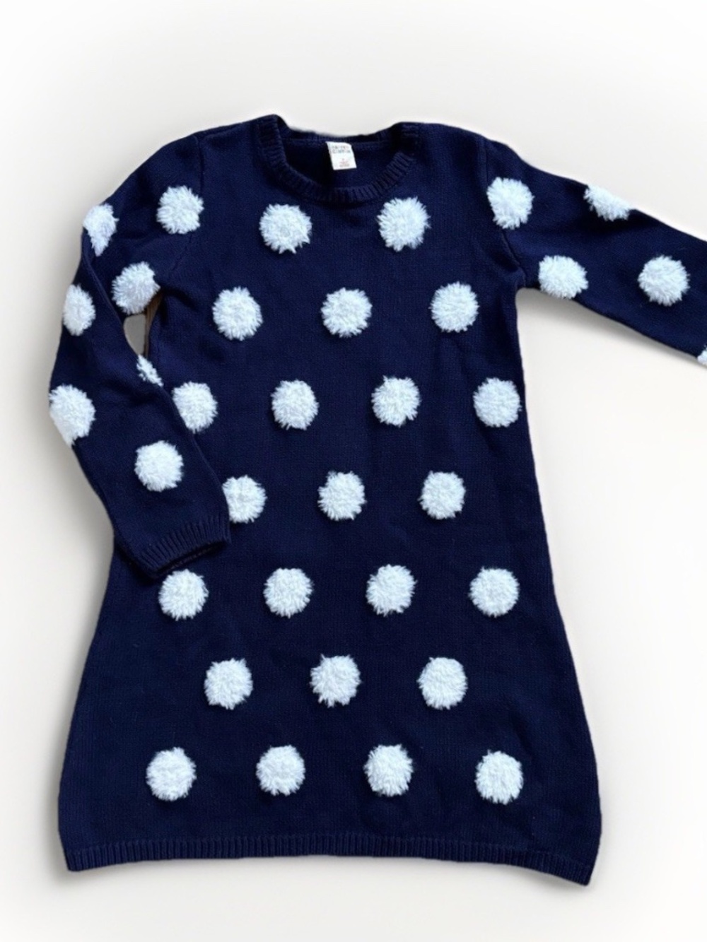 Harper Canyon Navy Sweater Dress Girls Sz 7 Fuzzy Snowballs Polka Dots Pompoms